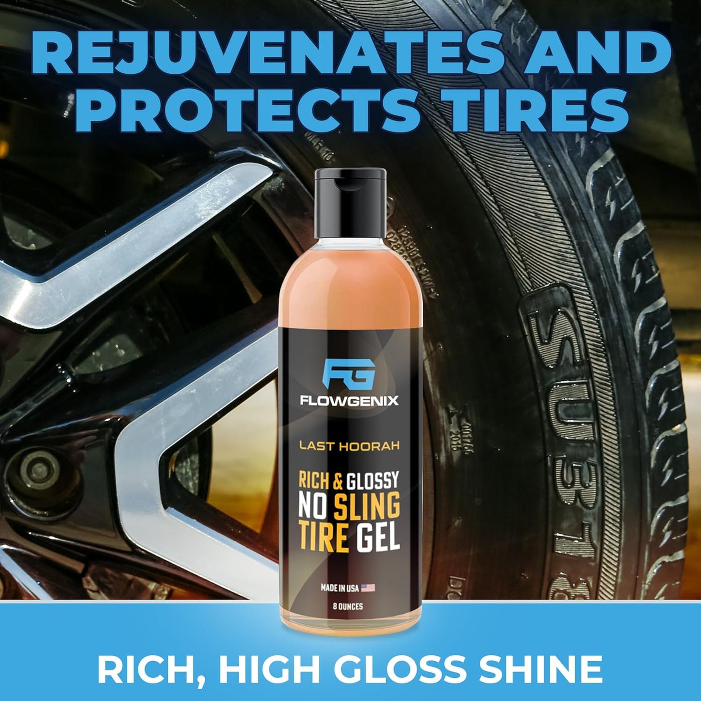 Tire Shine Gel Coating and Dressing (8oz) - High Gloss Wheel Tire Shine for Cars - No-Sling Anti-Stick Protection, Works on Rubber, Plastic, Vinyl - Incl 2 Microfiber Towels