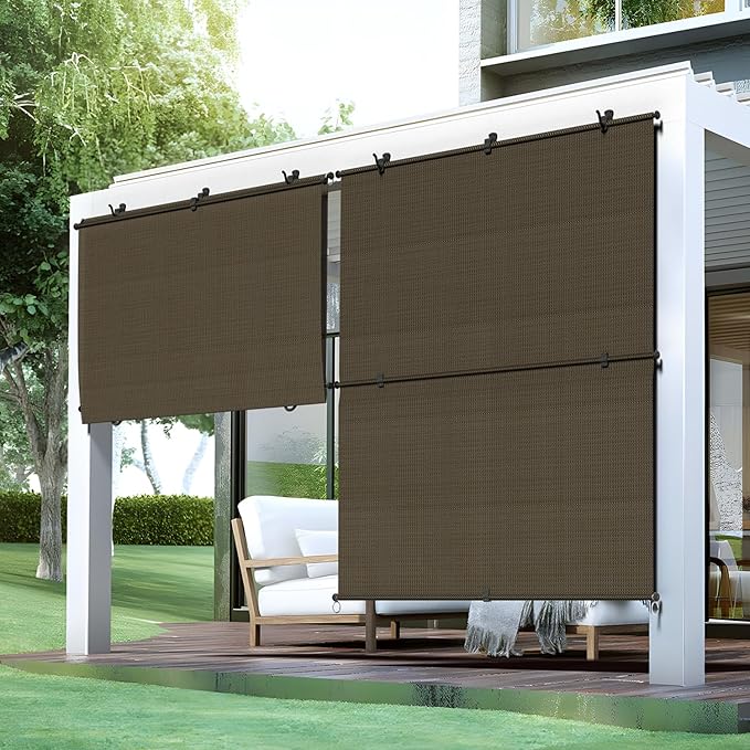 Bynbbur 4'W x 5.5'H Outdoor Patio Shades Foldable Roller Blinds, 220 GSM Sun Shade Roll Up Porch Screens Exterior Shade Cloth for Deck Pergola Backyard, Brown