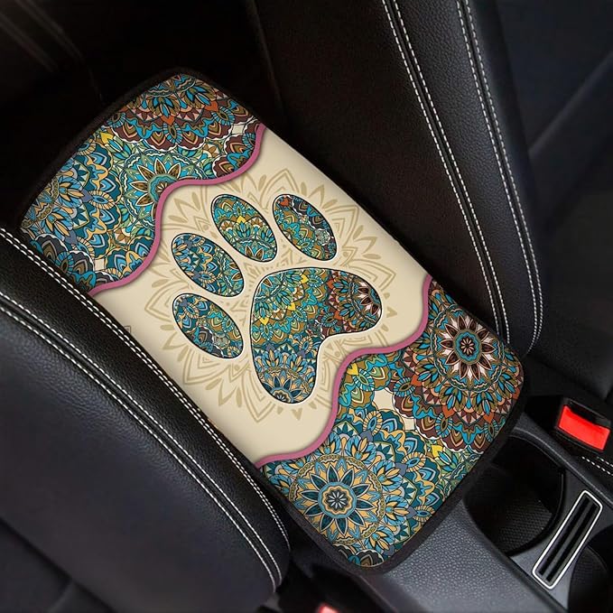 Suobstales Boho Mandala Paw Print Car Armrest Pad Soft Center Console Arm Rest Protector Cover Universal Car Interior Accessories Decoration