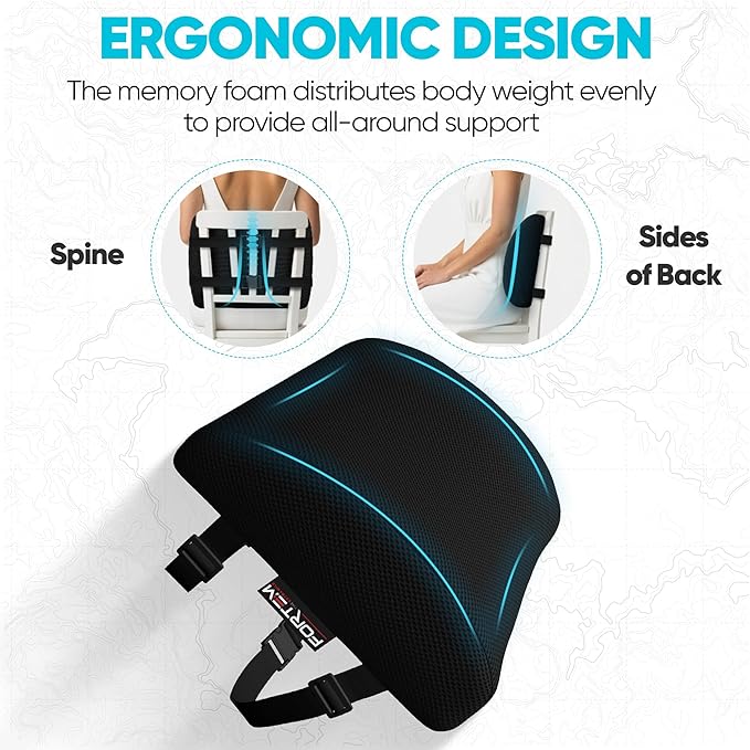 FORTEM Lumbar Support Pillow for Office Chair, Lumbar Support Pillow for Car, Back Rest for Gaming, Memory Foam Pillow, Desk Chair Cushion, Breathable & Washable Cover, Adjustable Straps