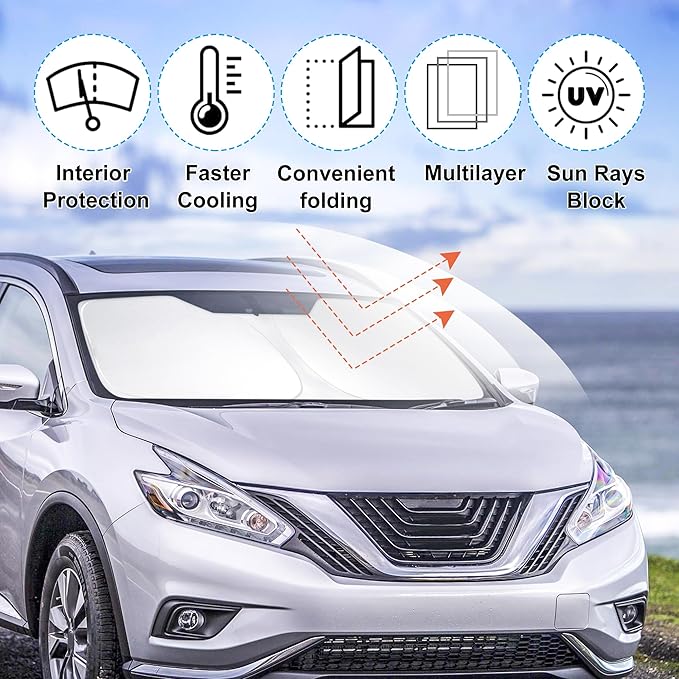 Windshield Sun Shade Custom Fit for 2015-2020 2021 2022 2023 2024 Nissan Murano Accessories Foldable Window Sunshade Sun Blocker Protect Car from Sun Rays & Heat Damage Keep Car Cooler