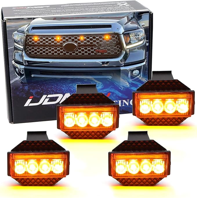 iJDMTOY 4pc Amber Lens Full LED Front Grille Clearance Light Kit Compatible with Toyota 2018-2021 Tundra w/Honeycomb, Non-TRD, Non-Horizontal Beam Grille