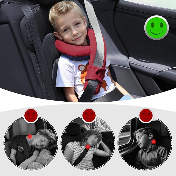 Kids Travel Neck Pillow, Toddler Travel Pillow for Car & Airplane and Head & Chin Support, Comfortably Travel Neck Pillow for Road Trip Sleeping, Gifts for Toddler/Child/Kids (Wine Red & Dark Blue)