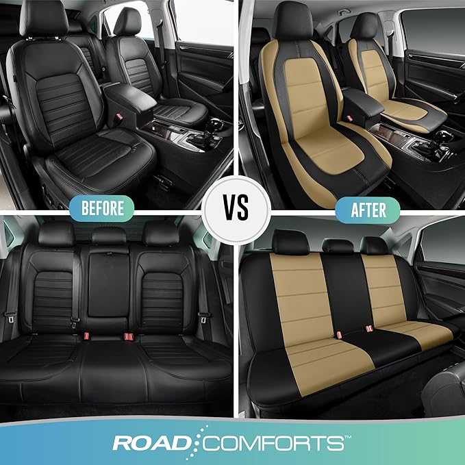 Road Comforts Car Seat Cover, Leather Full Set Car Seat Cover, Automotive Front Rear Seat Covers, Airbag Compatible Universal Fit for Most Cars (Beige)