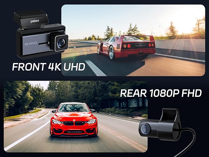 Pelsee 4K Dash Cam Front and Rear, 64GB SD Card, Dual Dash Camera for Cars with Wi-Fi, GPS, ADAS, BSD, LCA, 3’’ IPS Display Car Camera, APP & Voice Control, Night Vision, 24H Parking Mode