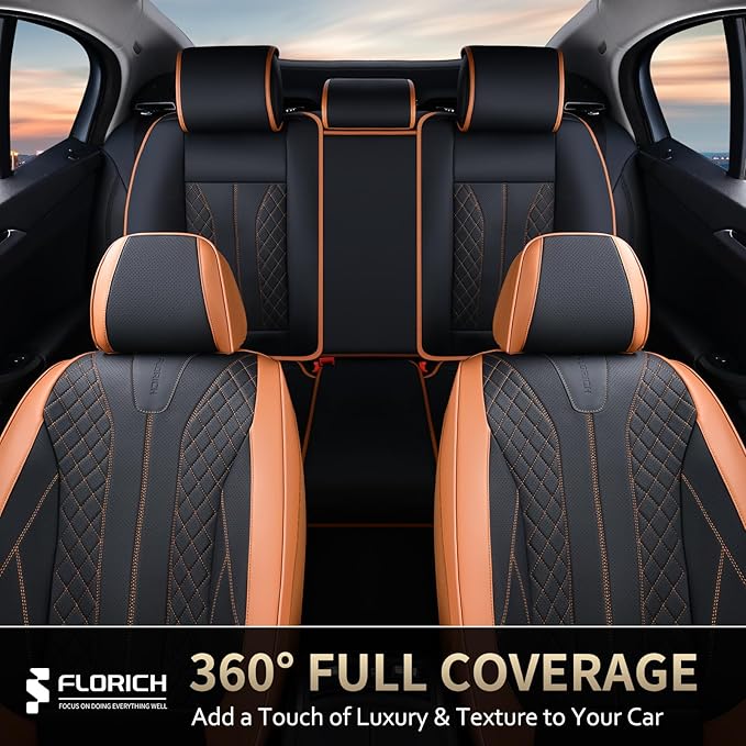 FLORICH Car Seat Covers Full Set Leather Automotive Seat Cover Waterproof 5 Seats Car Seat Protectors Luxury Front and Back Seat Cushions Universal Fit for Most Cars SUV Trucks, Brown&Black