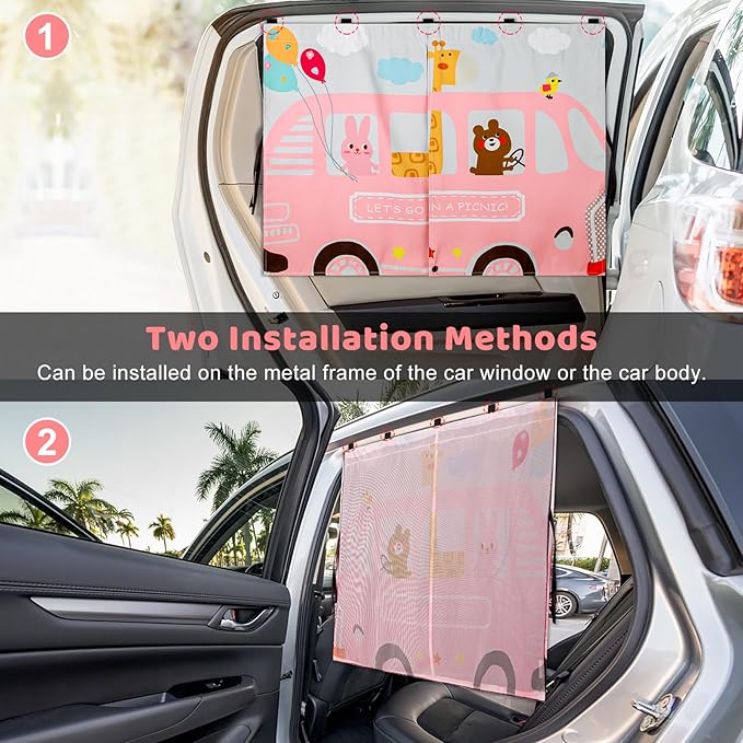 Car Window Shades, 2pcs Magnetic Car Curtains for Side Windows Privacy Full Covers/Half Shade Options, Cute Cartoon Auto Sunshades for Baby Protection Pink