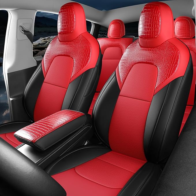 Red Rain for 2020-2024 Tesla Model Y Seat Cover Crocodile Leather Red and Black Auto Seat Cover Interior Accessories (ModelY-Red+Black-2020/2024)