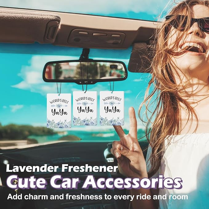 Yaya Grandma Gifts Car Air Freshener Accessories 3pcs, World's Best Gifts for Granmda Christmas, Blue Flower Rustic Hanging Scent Lavender Fragrance Card for Women Closet Bathroom Home Decor