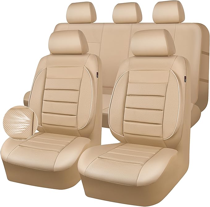 CAR PASS Leather Seat Covers Full Set Universal Water Resistant 3D Foam Back Support, Luxury Comfort Automotive 5 Seat Covers All Season Fit for SUV,Sedan,Van, Airbag Compatible Elegance (Beige)