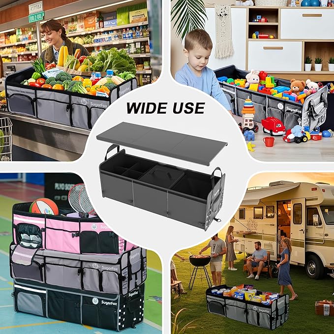 SugarFox Bold Color Block Trunk Organizer | 95L, 35"x13.8"x11.8" | Dedicated Shoe Storage & 26L Ice Pack | Foldable for SUV/Car/Jeep | Car Accessories for Men & Women - Gray-X212