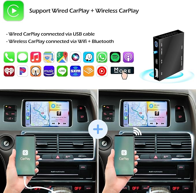 Wireless CarPlay + Android Auto + Mirroring Retrofit Decoder Box Kit, Compatible with Audi A6 A7 2009-2011 Q7 2010-2015 with C6 Embedded Screen & MMI 3G High / 3G+ Models