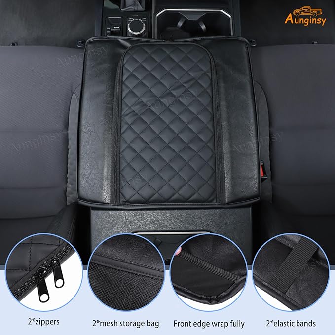 Car Center Console Armrest Cover Compatible with Toyota Tundra 2022+ Sequoia 2023+, Leather Middle Console Cushion Lid Pad Anti-Scratch Armrest Seat Box Protector Cover With Pocket/Zipper Accessories