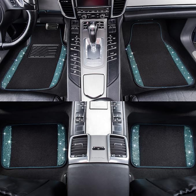 CAR PASS Bling Rhinestones Diamond Waterproof Car Floor Mat, Crystal Sparkly Shining Glitter Carpet, Anti-Slip PVC Heel Pad Universal for Interior Auto SUV,Sedan,Van,4pcs Girly Women Mint Teal Diamond