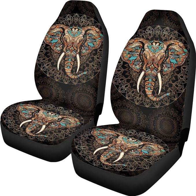 Bohemian Elephant Print Car Accessories Women Men Front Seat Cover Set Stretchy Saddle Blanket Auto Bucket Seat Protectors, Car Interior Automotive