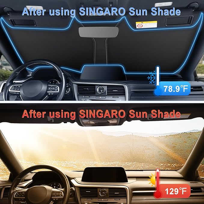 SINGARO 300T Universal Car Windshield Sun Shade, Foldable Reflective for Windshield & Window Shades with Overlapping Design, Car Interior Accessories (57" L x 30" W)