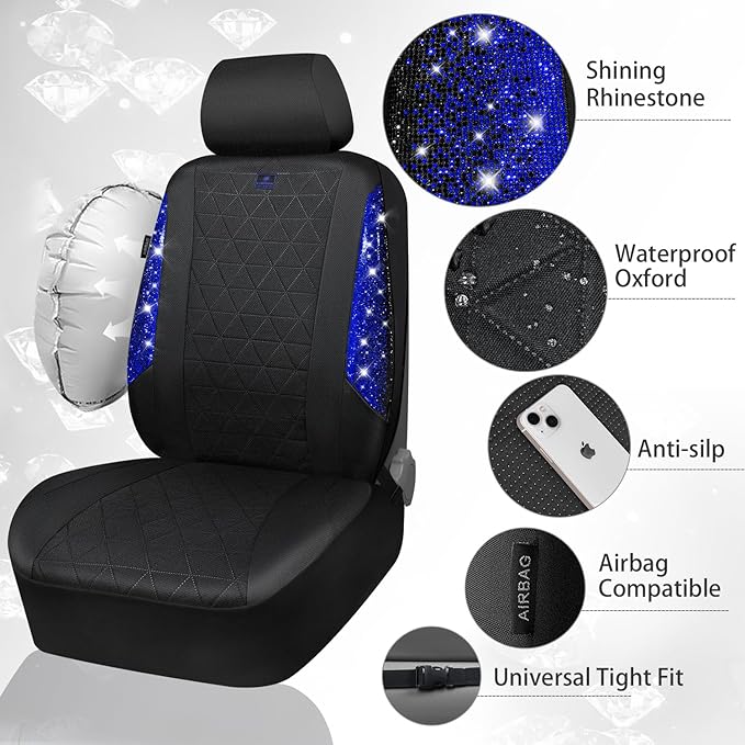 CAR PASS Oxford Bling Diamond Car Seat Covers Full Set Interior Sets, Waterproof Shining Glitter Sparkly Crystal Universal Armrest Fit 95% Automotive Truck SUV Cute Women Girl, Black Blue Rhinestone