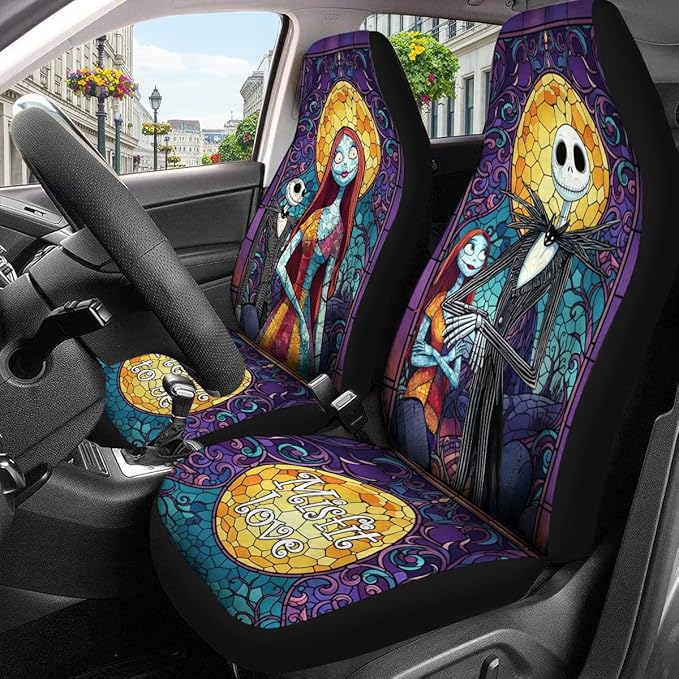 GENANY Nightmare Skellington Car Seat Covers Set of 2, Horror Couple Breathable Front Seat Covers for Truck Sedan SUV, Spooky Car Accessories, Horror Gift for Women Men