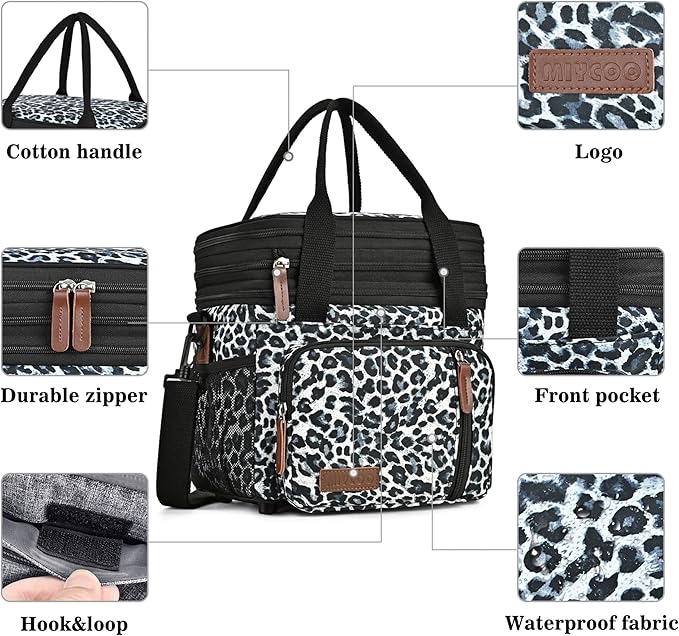 MIYCOO Lunch Bag & Lunch Box for Women Men, Double Deck Leakproof Insulated Soft Large Adult Camping Cooler bag for Work, Beach, Picnic, Travel (Leopard print, 15L)