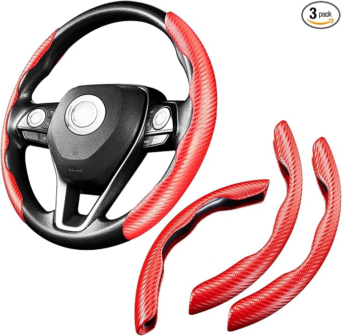 WSSROGY 3 Pack Anti-Skid Segmented Carbon Fiber Car Steering Wheel Cover Protector Universal for Most Car Wheel (Red)