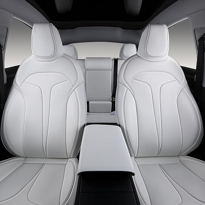 Custom Fit Seat Covers for 2025 2026 Tesla Model Y Juniper (5-Seater), Waterproof Breathable Nappa Leather, OEM Factory Style Full Set Car Seat Protectors Airbag Compatible - White