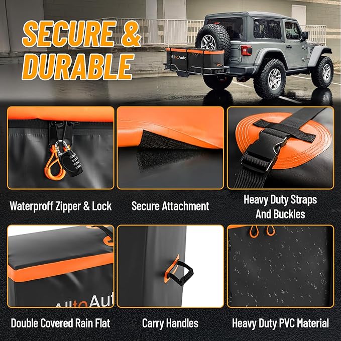 50 CuFt Waterproof Cargo Bag for Hitch Carrier | 72"x36"x35" Trailer Hitch Cargo Carrier | Weatherproof Truck Bed Storage with Straps, Lock & Carry Case | PVC Vehicle Soft-Shell Carriers