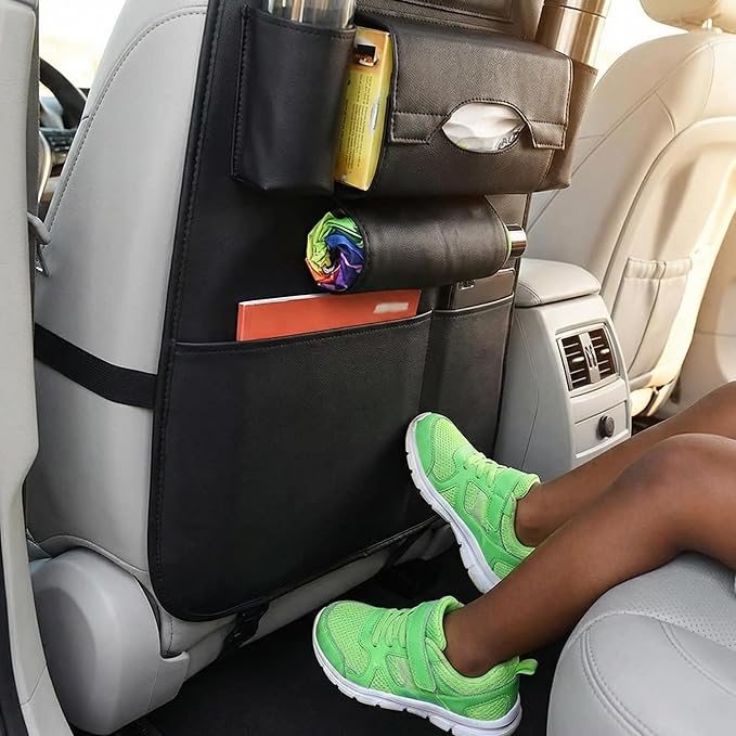 2 Pack PU Leather Premium Car SeatBack Organizer Travel Accessories Kick mats Back seat Protector and Cup Holder Holder Universal Use Seat Covers (23×17 in)