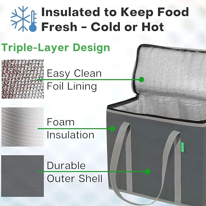 Creative Green Life XL Insulated Reusable Grocery Bags (2-Pack) - Premium Quality Cooler Bags with Hard Bottom Insert, Stands Upright, Washable