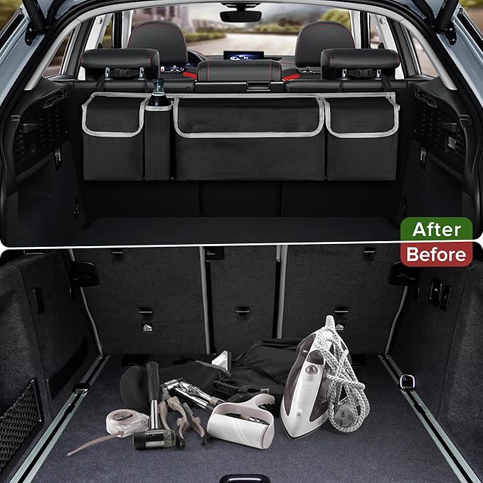 Car Trunk Organizer Storage Bag for Chevy Chevrolet Equinox Traverse Trax Tahoe Trailblazer Suburban Express LS LT RS SUV accessories, Waterproof Hanging Collapsible Backseat Bag
