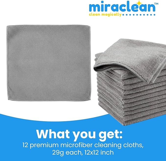 Microfiber Cleaning Cloth Grey 12 Pack Premium Microfiber Towels for Cars, Lint Free, Scratch-Free, Highly Absorbent, Reusable Cleaning Rags for Car, 320 GSM Household, Kitchen, Window, 12" x 12"