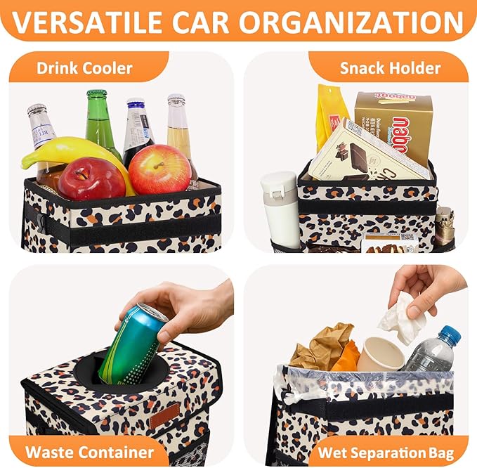 Vankor 3 Gallons Cute Car Trash Can, Car Accessories for Interior Leak Proof Can Trash Bag Hanging Waterproof Automotive Vehicle Garbage Cans Leopard Print Pattern