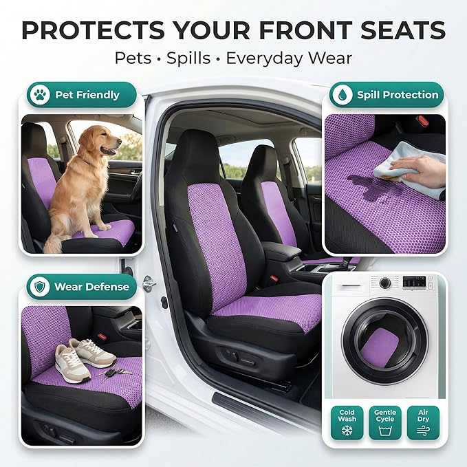 FH Group Automotive Full Car Seat Covers for SUV, Trucks, Sedan and More - Universal Fit Front High Back & Rear Solid Bench Design Interior Accessories - 3D Air Mesh Fabric Center Panel - Purple