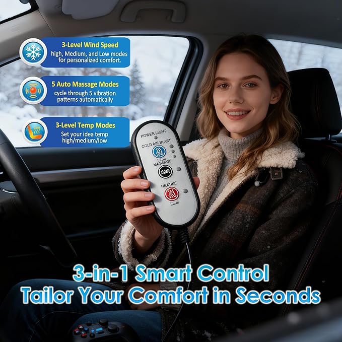3-in-1 Smart Climate Control Car Seat Cushion Comfortable Massage Cooling Seat Cover for Car Front Seat, 16 Fans Ventilated Cooling Seat Cushion for Car Fit All Season 1 Pack Seat Cooler (Black-1)