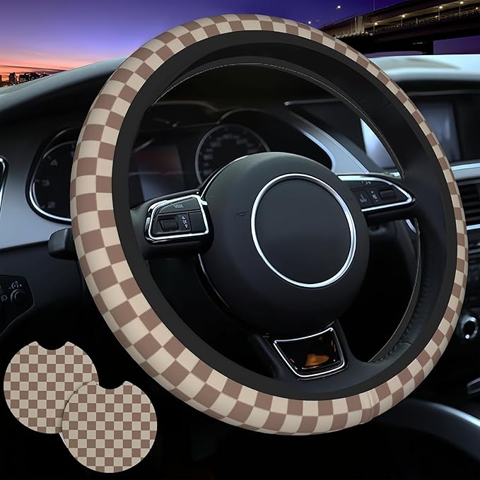 Checkered Brown Steering Wheel Cover - Checkered Brown Steering Wheel Cover Anti-Slip Breathable Universal 14-15 Inch Car with 2 Pcs Car Coasters Suitable Men Women