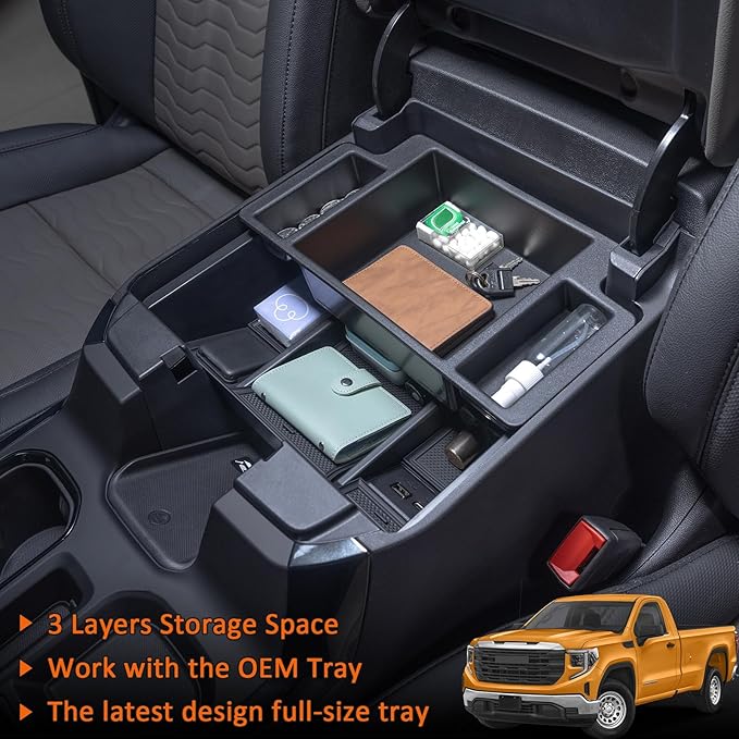 TOPINSTALL 22-26 Full Size Tray 2-Lay Space Compatible with 2022-2026 Refreshed Silverado/Sierra 1500 and 2024-2026 Chevy Silverado/GMC Sierra 2500HD 3500HD Use with OEM Organizer (Bucket Seats ONLY)