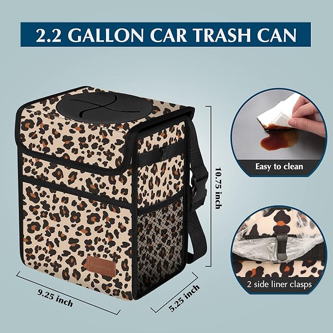 Car Trash Can with Lid Leak Proof Garbage Waterproof Bag for SUV Front Seat Multipurpose Hanging Headrest Collapsible and Portable Storage Mesh Pocket, Leopard Print