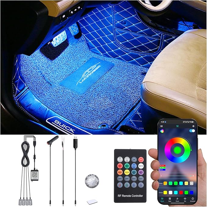 Car Ambient Lighting 64 Colors Multicoloured Music Footwell Lighting RF Remote Controller + APP Control Car DIY Decorative Atmosphere Lighting Kit DC 12V 1W