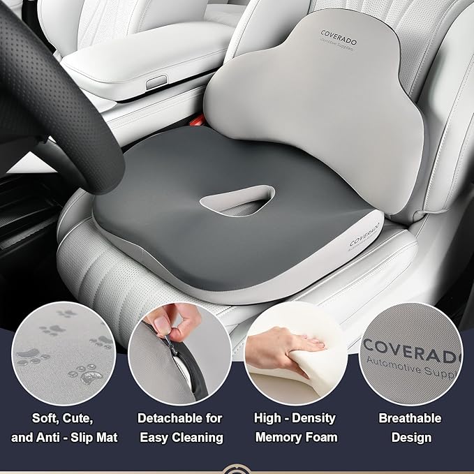 Coverado Car Seat Cushion and Lumbar Support Pillow, Memory Foam Ergonomic Back Support Driving Seat Cushion for Sciatica, Tailbone, Back Pain, Non-Slip Washable Cushion for Car, Driver, Office