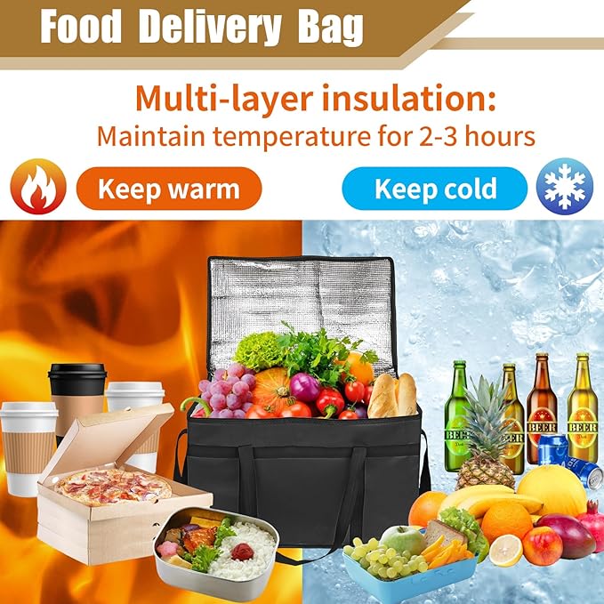 PEASUG 2PCS Insulated Bags for Food Delivery, XXXL Pizza Delivery Bags, Large Capacity Cooler Bag Keep Food Warm for Grocery Shopping and Catering, Foldable, Heavy-Duty (Black)