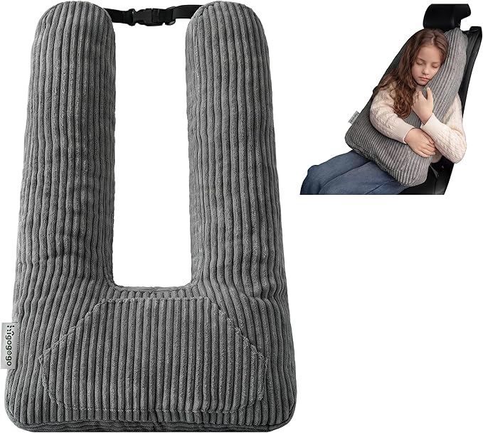 HIGOGOGO Washable Travel Pillow, Car Pillow for Kids & Adults, Travel Pillows with Removable Soft Cover and High-Support Foam, Fix Neck and Body Sitting/Sleeping on The Trip, Dark Grey