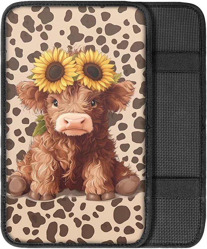 Dreaweet Car Center Console Cover Cute Highland Cow Car Accessories Arm Rest Cover for Car Women Soft Comfortable Car Armrest Storage Box Mat Easy to Install