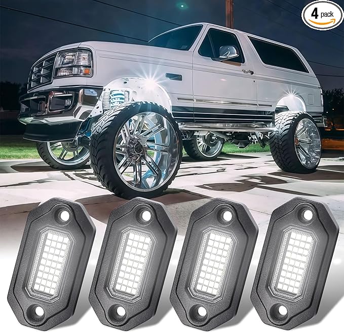 4Pods Metal Bright Pure White LED Rock Lights Kit,Per pod provided 15FT Power Cord,6500K 36LEDs Neon Underglow Light Aluminum Waterproof Fender Lights for Trucks Trailer Jeep Off Road ATV UTV