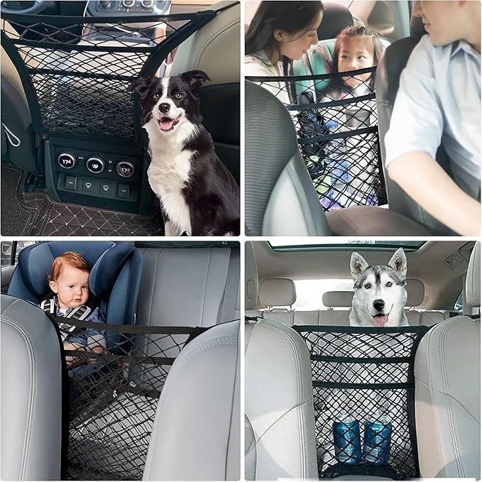 3-Layer Car Seat Back Net Organizer, Car Mesh Bag, Barrier of Backseat Pet Kids Cargo Tissue Purse Holder Storage Netting Pouch Dog Trunk Net Barrier Seat Back Net Bag