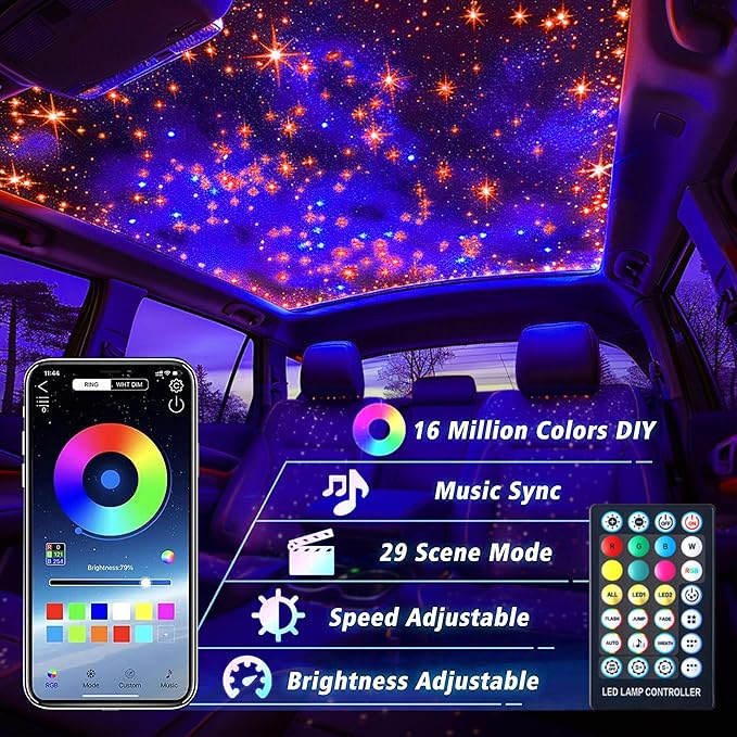 VASTFIRE Dual-Color Starlight Headliner Kit - 1000 Fibers Music Sync 32W RGBW Fiber Optic Car Ceiling Lights for Trucks, SUVs, Jeep Wrangler (2018-2024) | Twinkle Effects | Bluetooth App Control