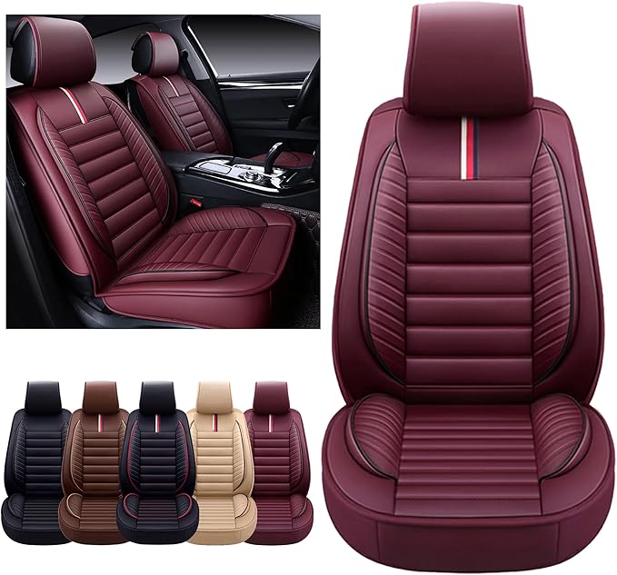 OASIS AUTO Car Seat Covers Front Seats Premium Waterproof Faux Leather Cushion Universal Accessories Fit SUV Truck Sedan Automotive Vehicle Auto Interior Protector (OS-001 Burgundy)