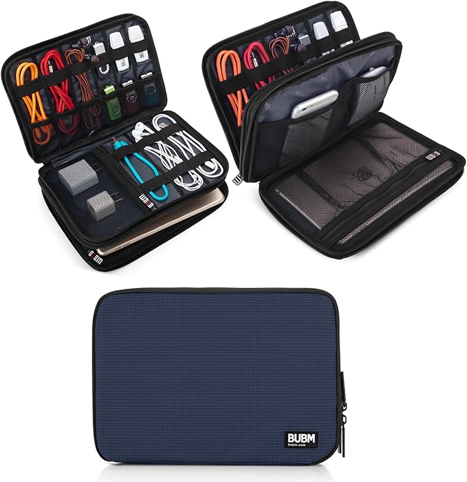 BUBM Double Layer Electronic Accessories Organizer, Travel Gear Bag for Cables, USB Flash Drive, Plug and More, Perfect Size Fits for iPad Mini (Medium, Dark Blue)