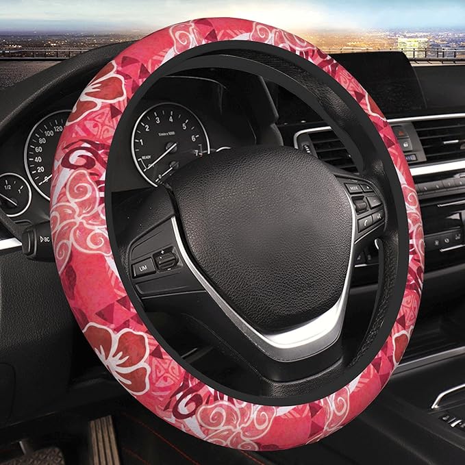 Red Hibiscus Polynesian Tapa Car Steering Wheel Cover 14-15 Inch for Women Men - Stretch Cloth Anti-Slip Wrap Protector Case - Fit Universal Auto Accessories Decor - Sweat Absorption