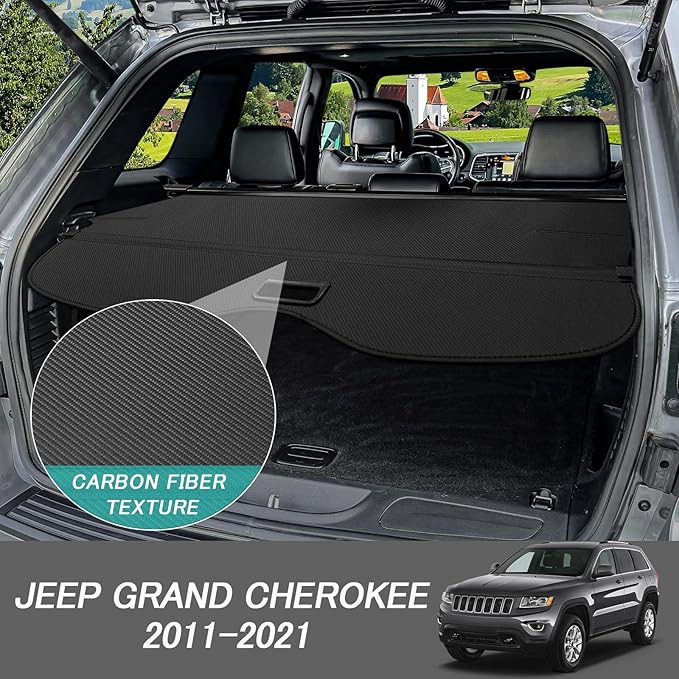 Cargo Cover for Jeep Grand Cherokee 2011-2021 Accessories Retractable Trunk Cover Security Shielding Shade Cargo Luggage Cover Trunk Privacy Protection (Carbon Fiber Texture)