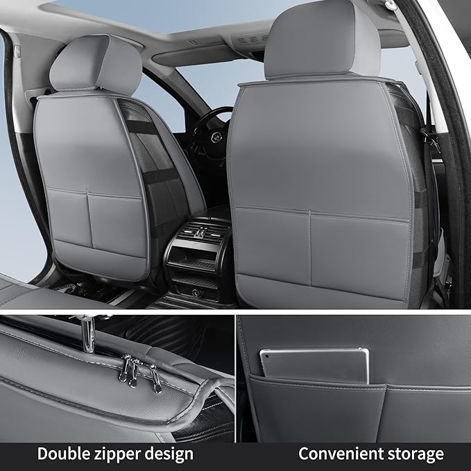 Leather Car Seat Covers, Waterproof Horizontal Stripes Front and Rear Car Seat Cover, Breathable Automotive Seat Covers for Sedan SUV Pick-up Truck (5 PCS Full Set, Grey)