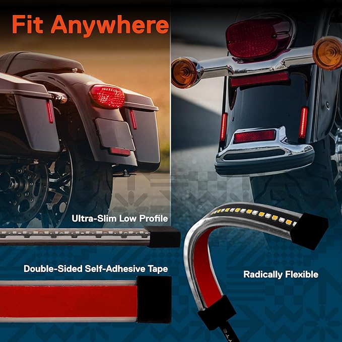 TRUE MODS 2pc 5" Rear LED Motorcycle Red Running Brake & Amber Turn Signal Tail Light Strip Kit for License Plate [Waterproof] Universal Self Adhesive Surface Mount Flexible Rear Lamp for Bike ATV UTV